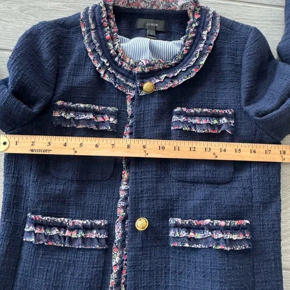 J CREW Lady Jacket Liberty London Ruffle Navy Blue Size 6 Like New - Picture 7 of 8